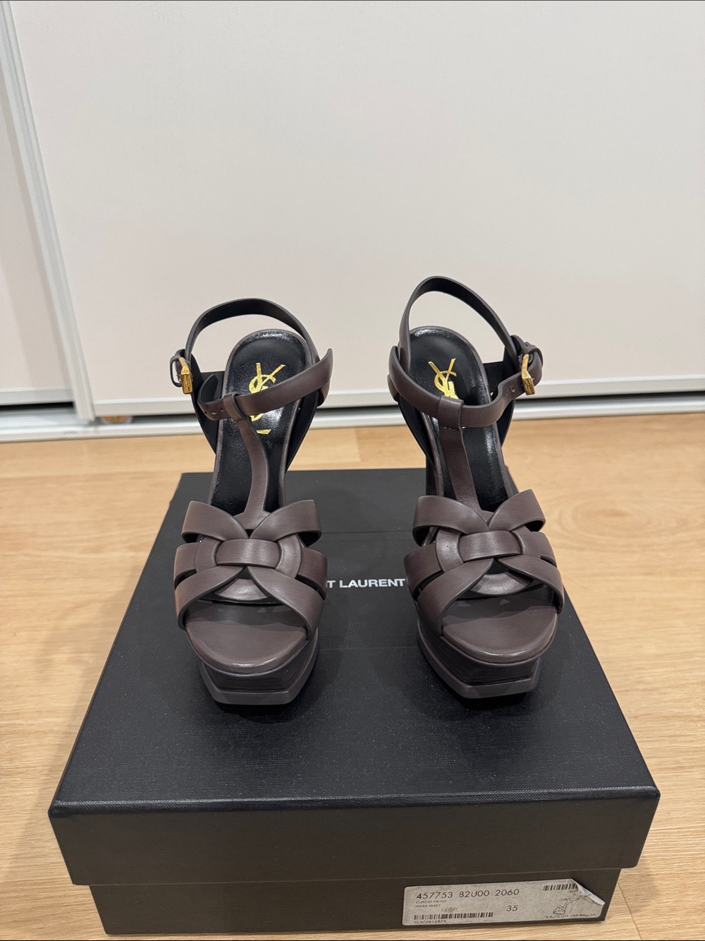 Saint Laurent Brown Leather Woven Platform Sandals with Gold Buckles